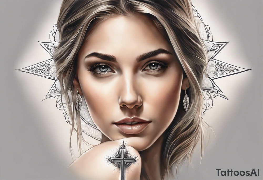 Realistic Tattoo: A refined cross with a soft halo surrounding it, symbolizing light and spirituality. Delicate rays extend outward from the halo, adding a subtle glow and depth. The cross itself is simple and elegant, with potential for small, intricate line details within the design. Style: Realism tattoo idea