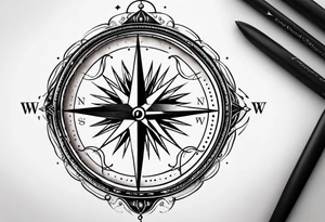 A vintage compass design with a large N, S, E and W - and incorporating the line "Always Carry On". The style should be very minimalist, with very thin lines and dot work tattoo idea