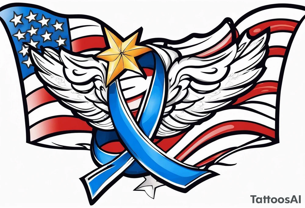 Blue colon cancer ribbon with angel winds and American flag blend in tattoo idea