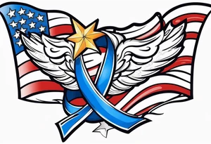 Blue colon cancer ribbon with angel winds and American flag blend in tattoo idea