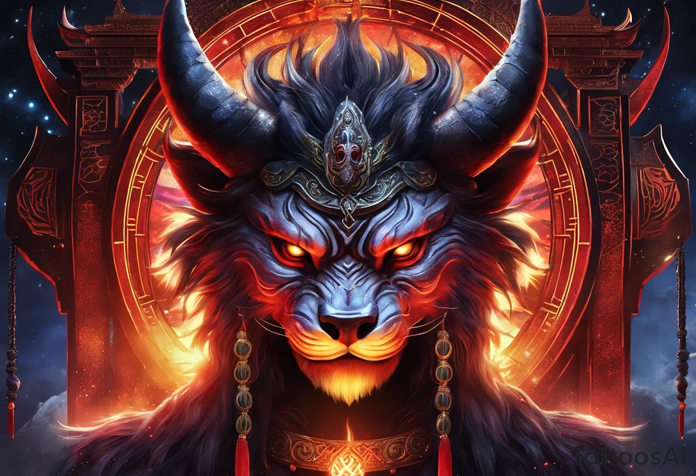 A majestic humanoid demon king with devilish features placed above torii gate is depicted in this realism image. The king's deep-set glowing galaxy-styled large eyes give off an aura of power and mystery. The king's head is acting as dreamcatcher and has braids styled like predator, with 2-3 ending with flame-styled feathers. The king's face is intricately dotted in narsimha/ rudra symbols. The head has a crown shaped blue and orangish flames with intricate and prominent koru maori symbols in the shape of trishul/ trident. The image is filled with vibrant colors, with deep blue, purple, and violet, with bright orange and yellow. This face bust (only face) is atop of a torii gate which is in a brush stroke style, somewhat visible. The king looks regal and powerful. tattoo idea