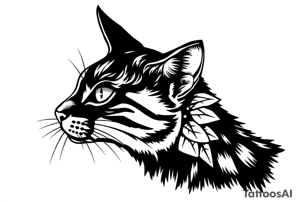 Female black cat head with geometric boarder tattoo idea