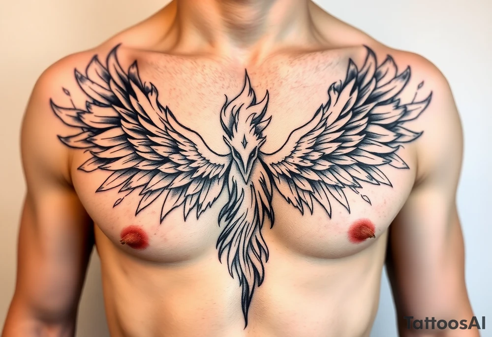 Realistic and symmetrical flaming Phoenix rebirth with spread low wings surrounded by fire mapped onto chest only
Phoenix head must be in the middle of the chest, straight and symmetrical 
Fire should be surrounding spread wings
Wings should be spread low only on chest muscle tattoo idea