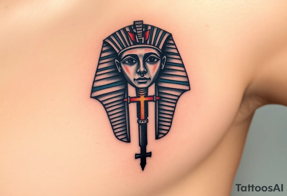 A Pharaoh’s Mask with a Hidden Cross in the Design (only red , blue and black are possible colors) tattoo idea