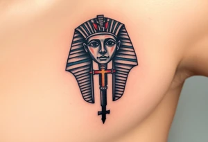 A Pharaoh’s Mask with a Hidden Cross in the Design (only red , blue and black are possible colors) tattoo idea