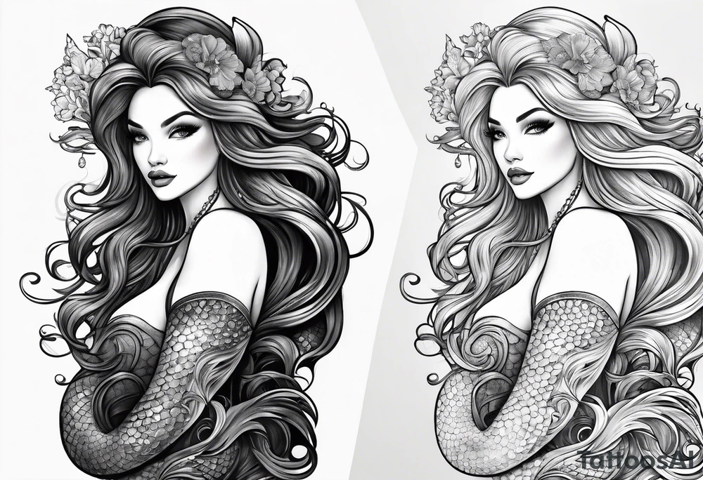 sexy full bodied mermaid with long 
flowing tail and hair, tattoo sleeve tattoo idea