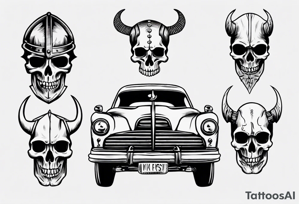 Viking skeleton head and old car tattoo idea