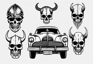 Viking skeleton head and old car tattoo idea