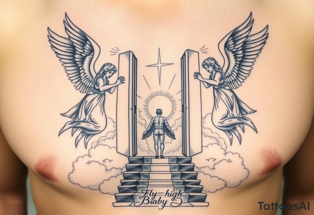 3 angels holding open the gates of heaven with the male figure walking up the steps.Saying fly high baby boy Realistic angels With clouds in the background and I won't text that I fly hi.Gh baby boy chess fully covered tattoo idea