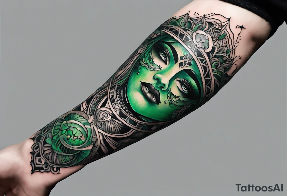 abstract, green and black, covered from wrist to forearm, fully covered, no borders, blackwork tattoo idea