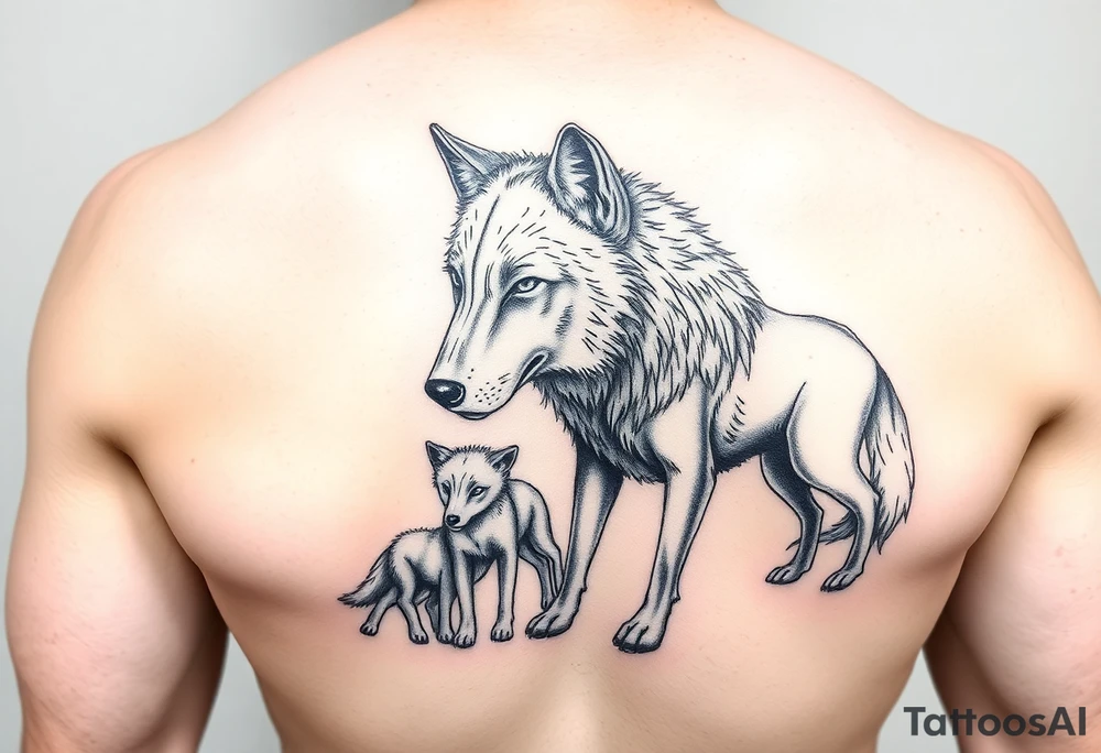A solitary yet sublime and noble wolf and its progeny. tattoo idea