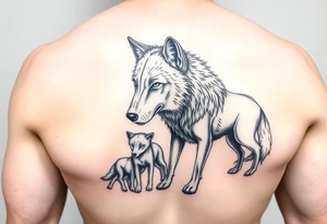 A solitary yet sublime and noble wolf and its progeny. tattoo idea