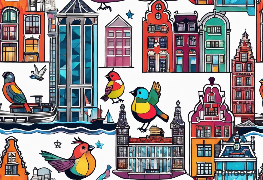 animals made of glass in Amsterdam featuring Amsterdam buildings and canal in galaxy colours featuring pineapples and birds tattoo idea