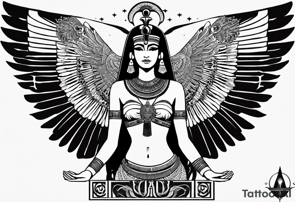 black and white Egyptian goddess Isis, who is often depicted as a woman with outstretched wings, holding an ankh (a symbol of life) in one hand and a lotus flower in the other. Her headdress often includes a throne or a solar disk. The tattoo design can vary in style and size, but it typically aims to capture the essence of this revered Egyptian deity, emphasizing her beauty, power, and maternal qualities. The choice of colors and additional elements can also be customized to create a unique and visually striking representation of the goddess Isis tattoo idea