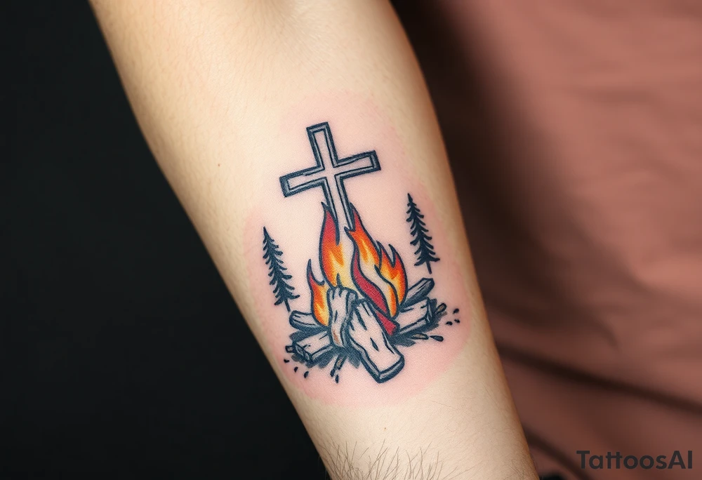 Campfire with cross include the great outdoors and night sky make sure cross doesn't look like it is on fire tattoo idea