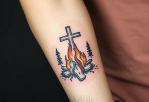 Campfire with cross include the great outdoors and night sky make sure cross doesn't look like it is on fire tattoo idea