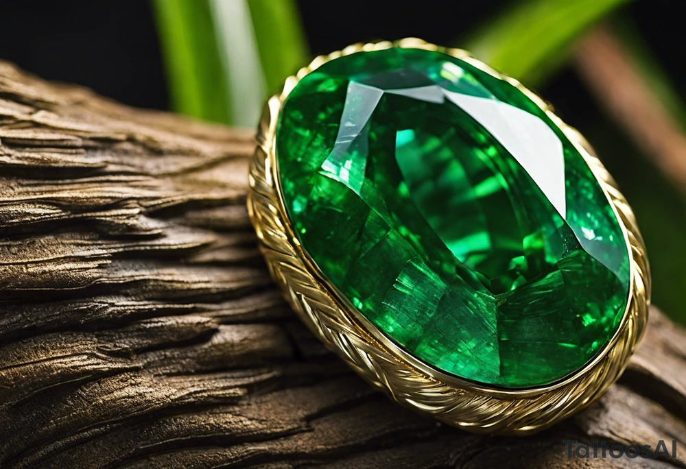 A Gachala emerald sits at the base of a tall quindio wax palm, which grows resiliently from cracks in rugged, rocky soil. The emerald is the main focal point, symbolizing strength and endurance, while the wax palm, rooted in the soil’s crevices, represents growth and resilience. A small water stream flows gently from the rocks, adding an element of life and nourishment. tattoo idea