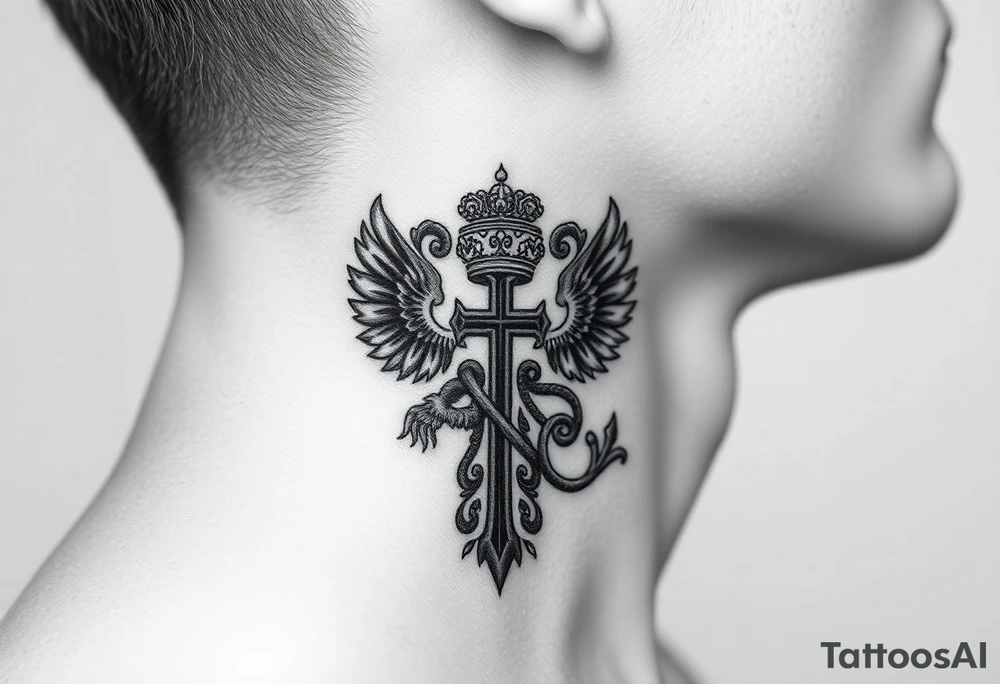 russian coat arms in a russian christian orthodox cross with the cross in the middle with a virgin mary & orthodox dome church on the side of the neck in a wilderness setting tattoo idea