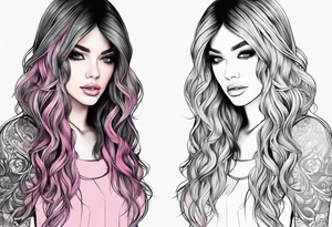 Make a outline of long hair with bangs and pink highlights in the back tattoo idea