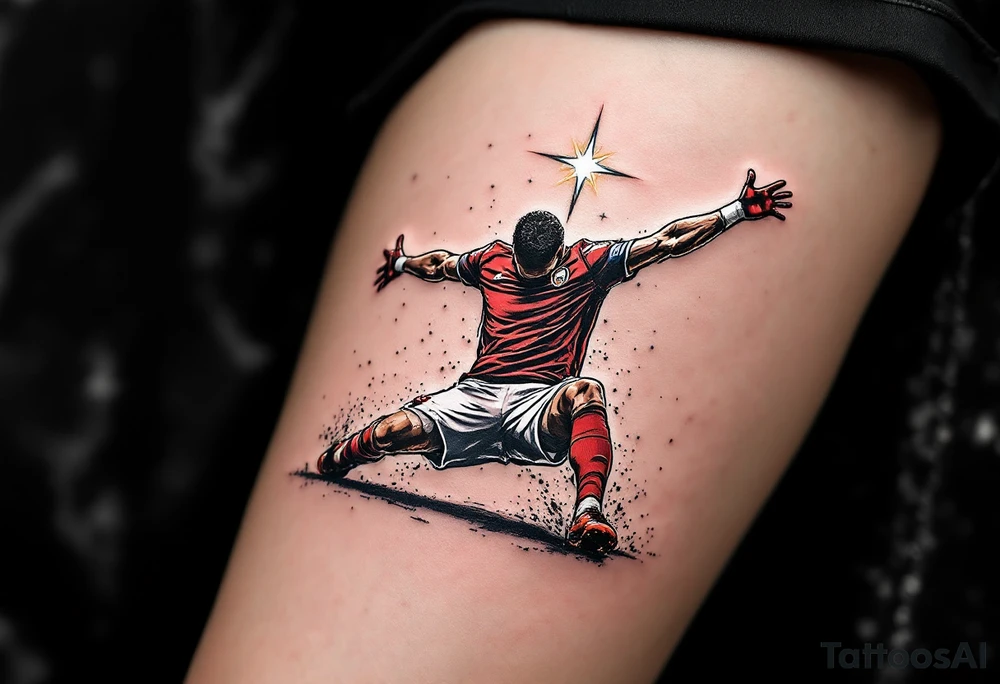 A tattoo of a player mid-slide on his knees after scoring, arms wide, in full red and white uniform with a glowing star above him. tattoo idea