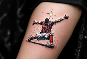 A tattoo of a player mid-slide on his knees after scoring, arms wide, in full red and white uniform with a glowing star above him. tattoo idea