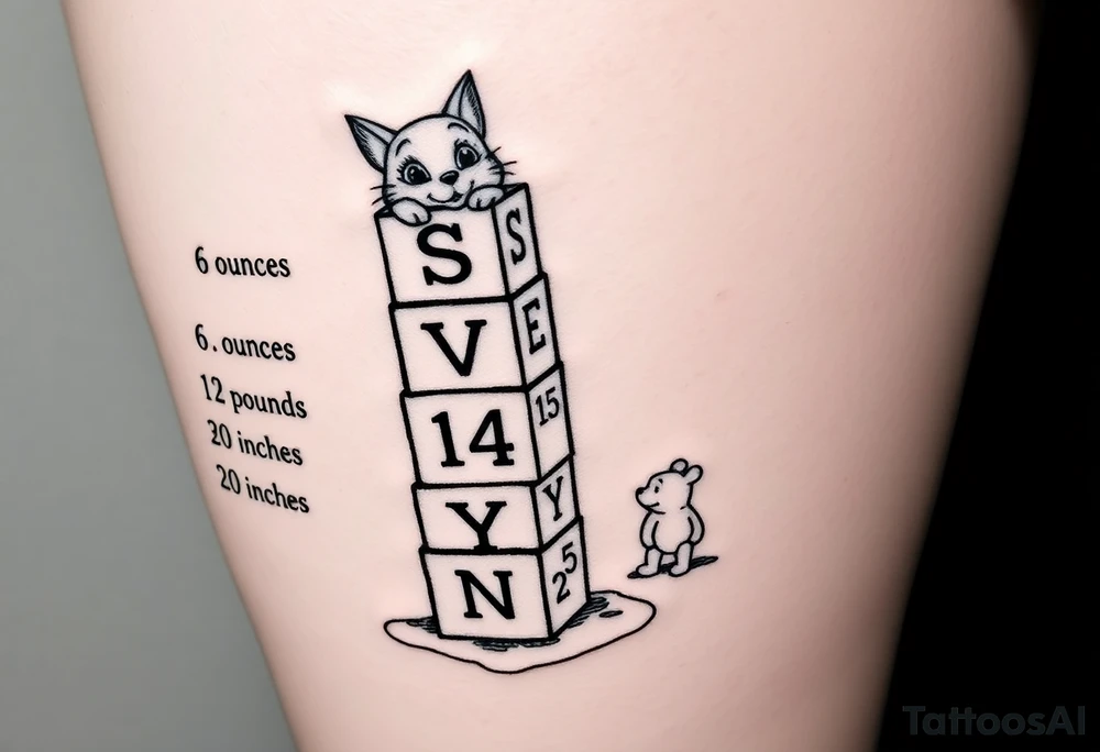 a thigh tattoo with alphabet blocks going down vertically stacked crooked but on the alphabet blocks,the name S E V Y N is alternated on the sides of all five blocks and 07 14 25 is alternated on the other sides of the blocks as well and on the top of the blocks Marie from the Aristocats peeking up looking showing her eyes, her bow on her head and her front pause and then on the bottom block then Winnie the Pooh standing on the ground, reaching up on the block for the honey that’s spilling off the side and on the left side not on the blocks to say 6 ounces 12 pounds 20 inches all lined up in a column going vertically starting with the 6 ounces 12 pounds and 20 inches in that order and then on the right side, not touching the blocks to say 3:51 AM. tattoo idea