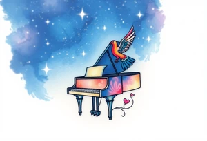 dream grand piano under the stars swirl pheonix tattoo idea