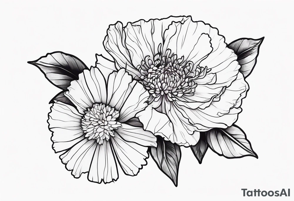 Top view flower arrangement of a carnation aster and violet tattoo idea