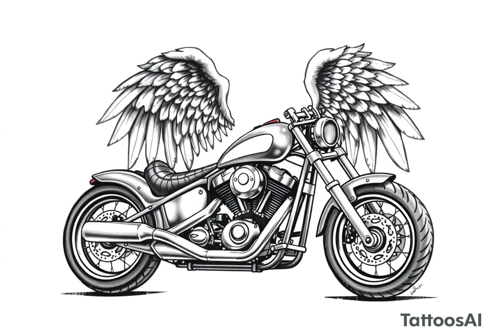 Low rider grey motorcycle, big muffler pipes with flames, angel wings, driving away, no person tattoo idea