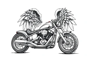 Low rider grey motorcycle, big muffler pipes with flames, angel wings, driving away, no person tattoo idea