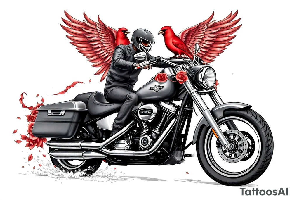 Harley grey motorcycle driving away, two red birds flying, roses, flames, angel wings tattoo idea