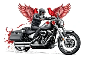 Harley grey motorcycle driving away, two red birds flying, roses, flames, angel wings tattoo idea