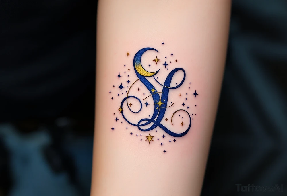 Celestial Monogram – Midnight blue and gold “S ∗ L” with small stars and a crescent moon orbiting the letters. tattoo idea