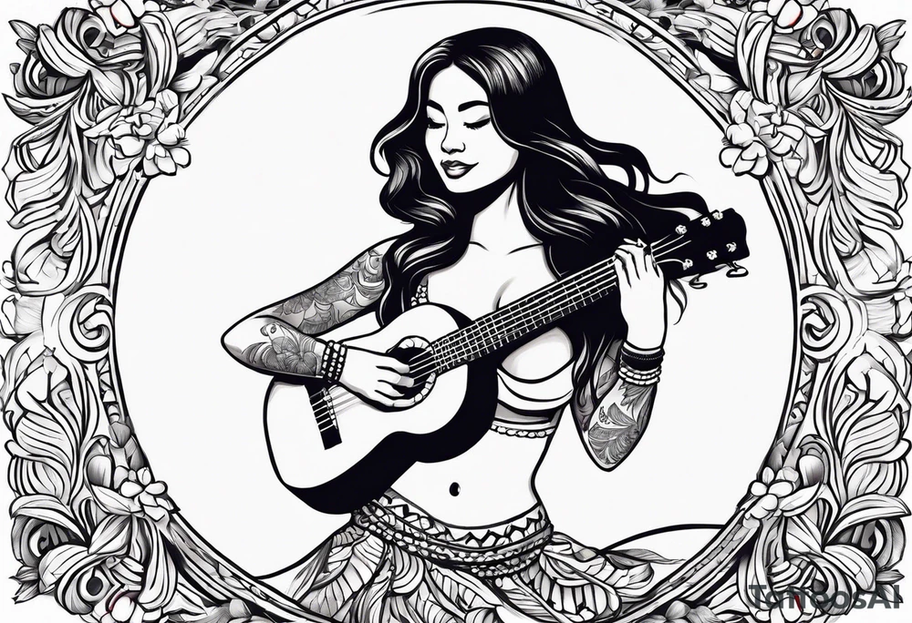 entire hula plynesian girl squating and dance with ukulele tattoo idea