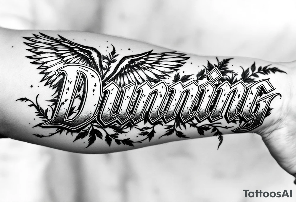 Dunning, left forearm details include angel wing, greek type of font,jungle leaves , tiger claw scratch tattoo idea