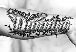 Dunning, left forearm details include angel wing, greek type of font,jungle leaves , tiger claw scratch tattoo idea