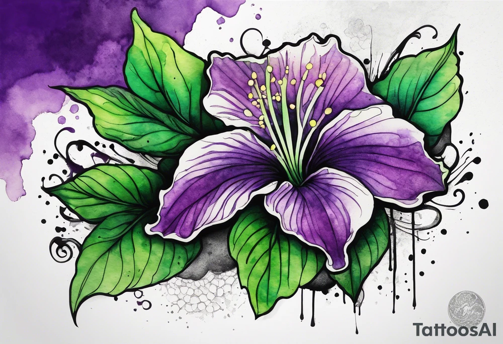 A mystical outline of a green and purple rio dipladenia flower and a green and purple watercolor splash in the background tattoo idea