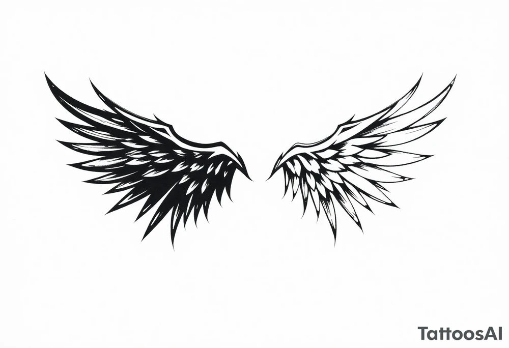 This tattoo design features a pair of asymmetrical angel wings drawn in black ink with a rough, sketch-like style. The left wing is darker, more defined, and appears denser, while the right wing is lighter, more delicate, and fragmented, creating a contrast between the two. The feathers are sharp and irregular, with fine lines and stray strokes extending outward, adding a raw and artistic feel. The overall look is dynamic and slightly chaotic, giving the impression of movement or an unfinished, ethereal form. This design symbolizes duality, freedom, transformation, or even struggle, making it a meaningful and visually striking tattoo. tattoo idea