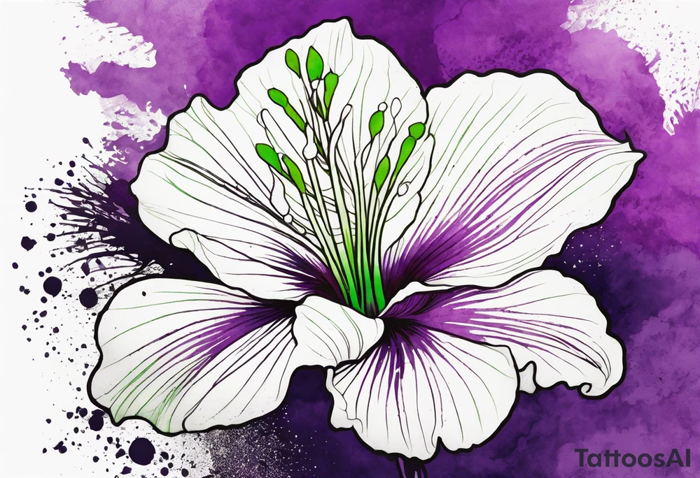 An outline of a rio dipladenia flower with a mystical green/purple watercolor splash in the background tattoo idea