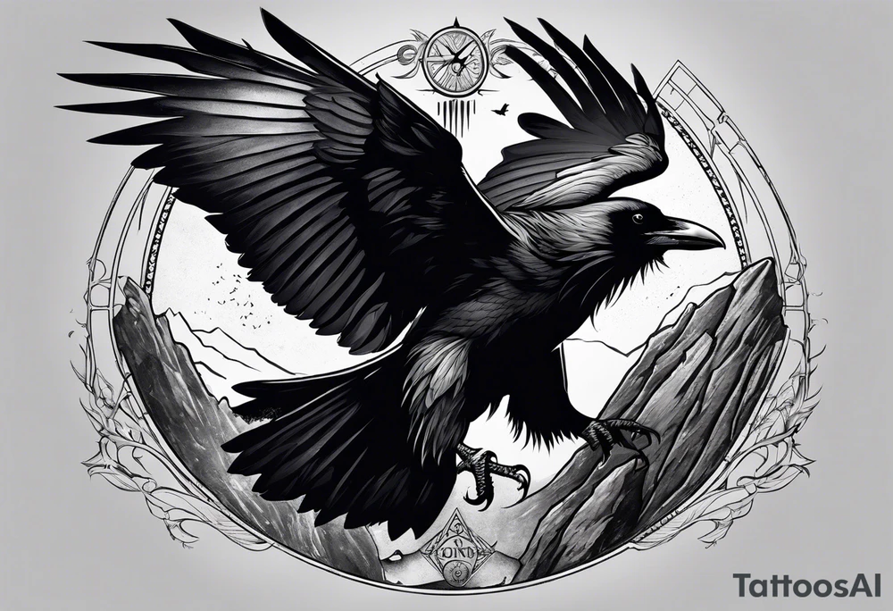 raven attacking a rock with the roman numeral seven and the text Omnia Urunt inscribed on it. tattoo idea