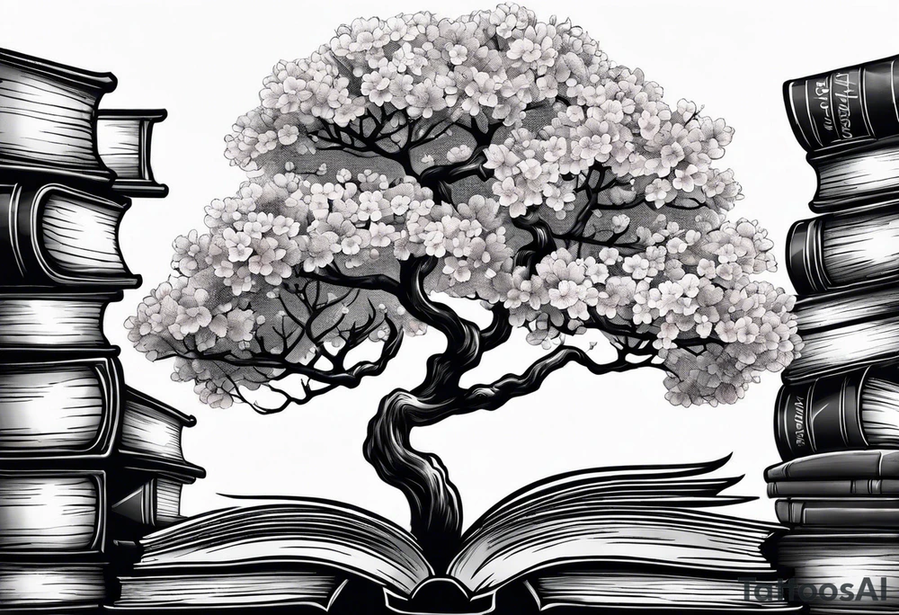Cherry blossom tree growing out of a stack of books tattoo idea