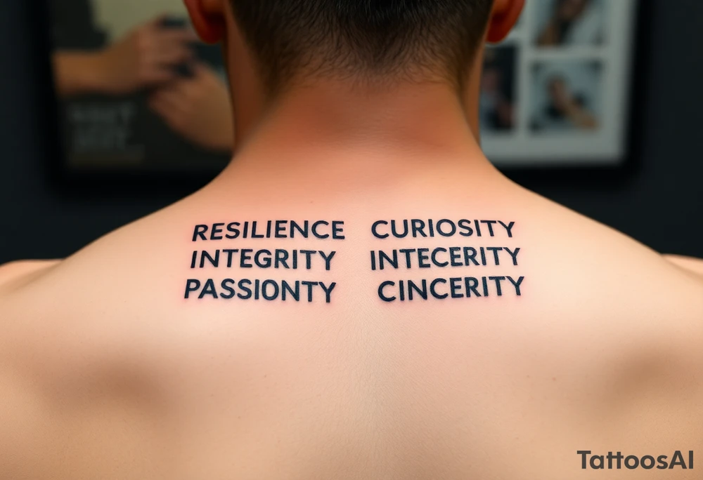 RESILIENCE CURIOSITY INTEGRITY
PASSION SINCERITY CONFIDENCE
RELIABILITY COMPASSION SINCERITY
HONESTY PERSEVERANCE DETERMINATION tattoo idea