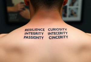 RESILIENCE CURIOSITY INTEGRITY
PASSION SINCERITY CONFIDENCE
RELIABILITY COMPASSION SINCERITY
HONESTY PERSEVERANCE DETERMINATION tattoo idea