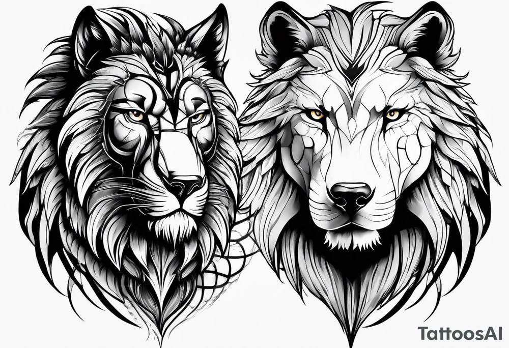 a eagle a lion and a wolf half face tattoo idea