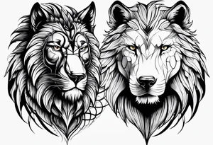 a eagle a lion and a wolf half face tattoo idea
