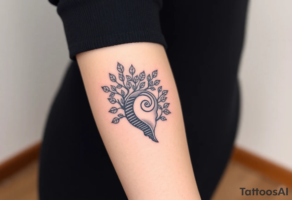 Fibonacci spiral shell inside of tree full of lots of leaves tattoo idea