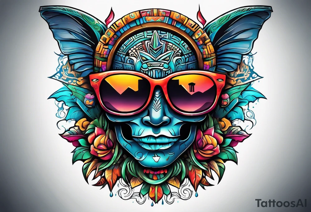 Colorful Mayan hieroglyph wearing sunglasses with bats and water tattoo idea