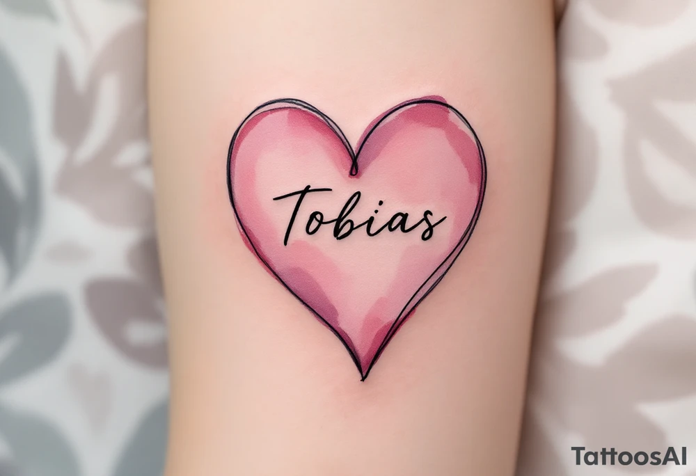 A soft pink heart outlined in black, cradling the name Tobias in cursive. tattoo idea