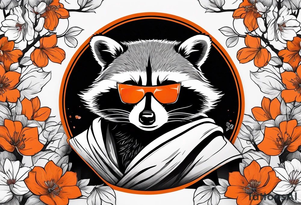 Raccoon wearing a white Superman logo on a black hoodie and orange Japanese cherry blossoms beside tattoo idea