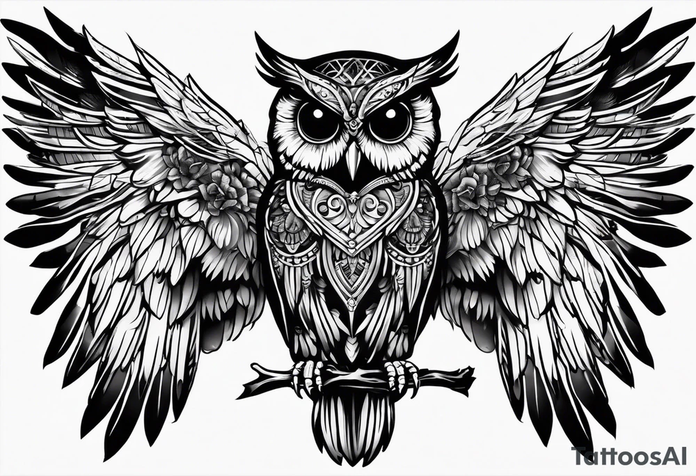 Gothic Skeleton owl with open wings tattoo idea